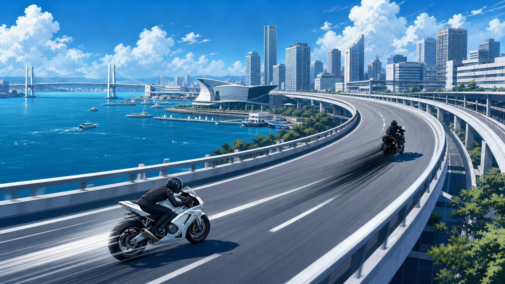 横浜を思わせる海辺の高速道路を白と黒のバイクが走るイラスト