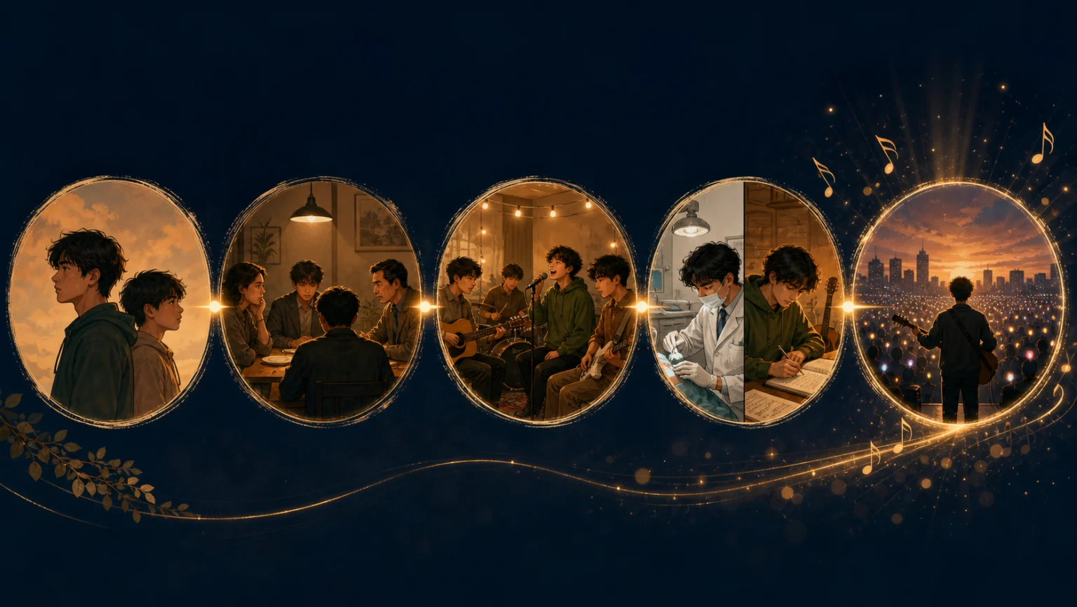 兄弟と父と仲間と二つの仕事と一曲の誕生を5つの記号で表す挿絵