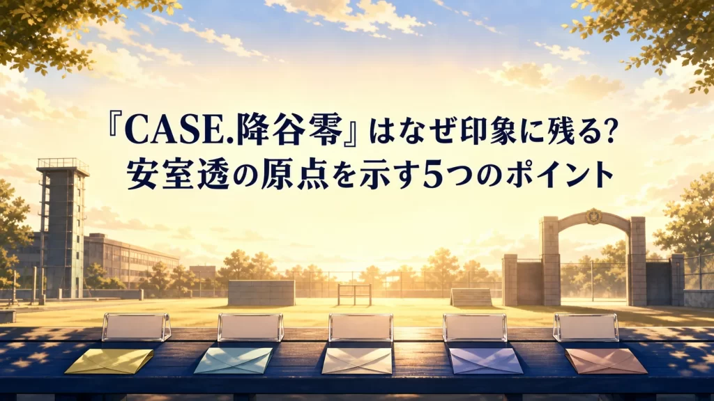 『CASE.降谷零』の記事タイトルと、卒業の日を思わせる5つのカードと封筒