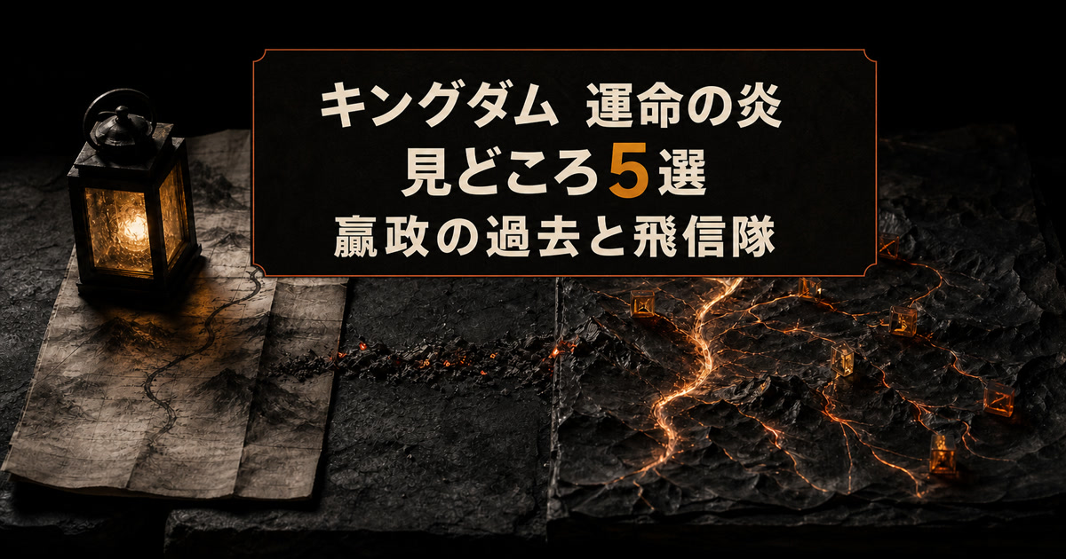 キングダム 運命の炎、見どころ5選、嬴政の過去と飛信隊と書かれ、灯りと枝分かれする光の道を描いたアイキャッチ