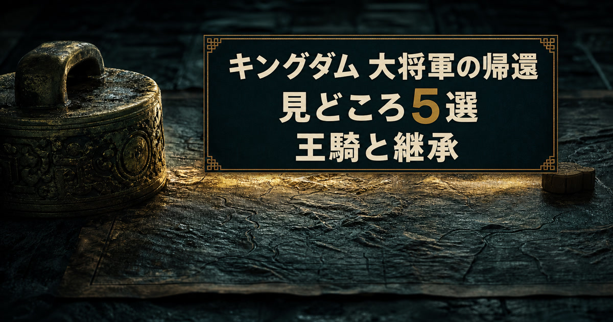 キングダム 大将軍の帰還、見どころ5選、王騎と継承と書かれ、古い指揮の印から木の駒へ光が伸びるアイキャッチ