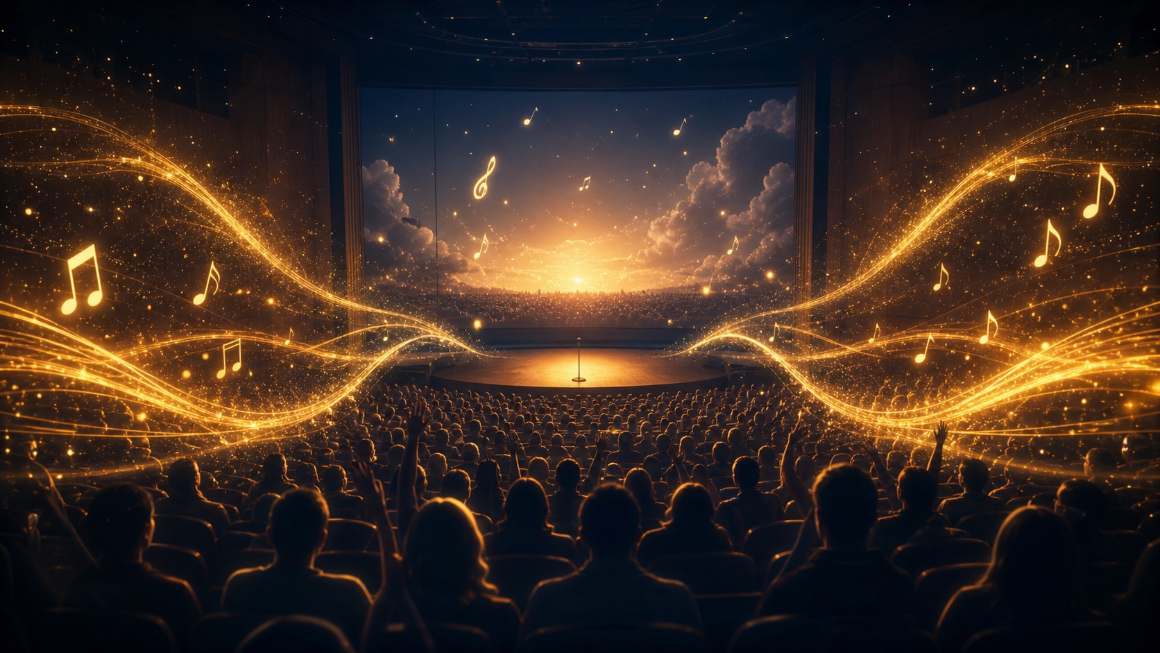金色の音の波が広がる映画館で、多くの観客が音楽を楽しむイラスト