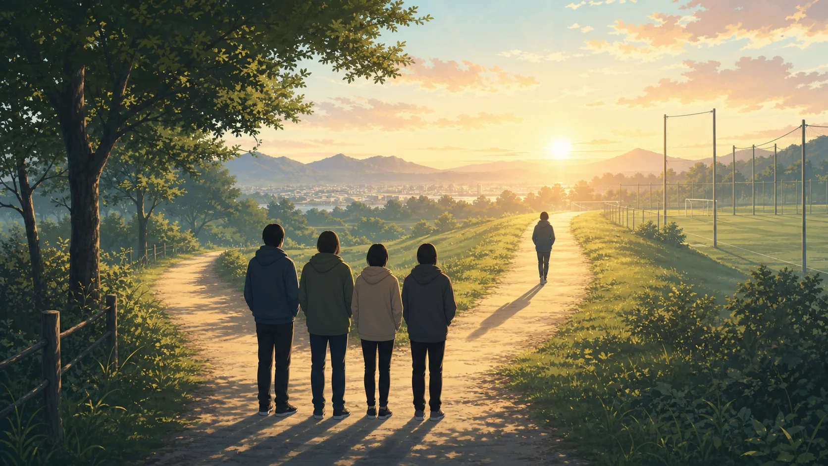 朝日の道を進む1人と、その後ろで見守る4人の仲間