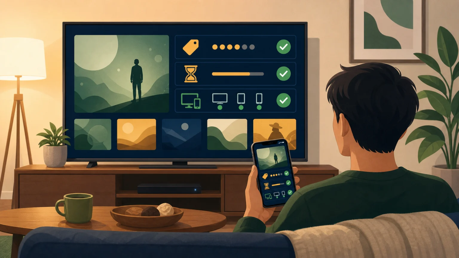 テレビとスマートフォンで映画の配信条件を確認する抽象的な挿絵