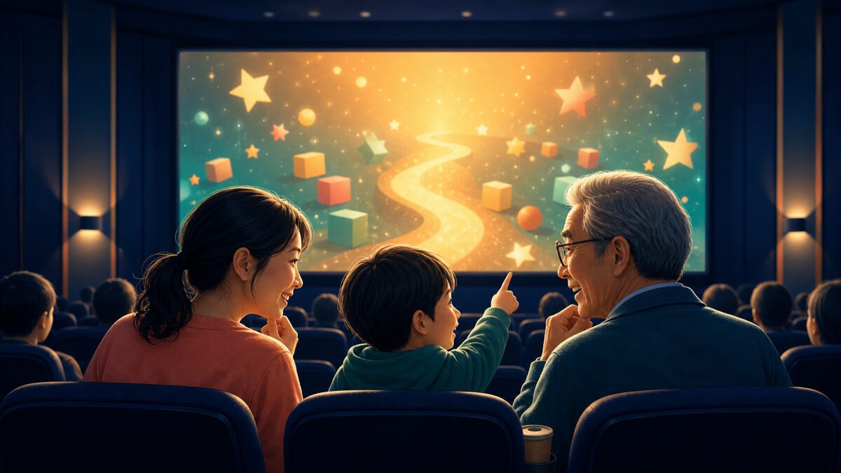 子どもと大人が映画館で同じ作品を楽しむイラスト