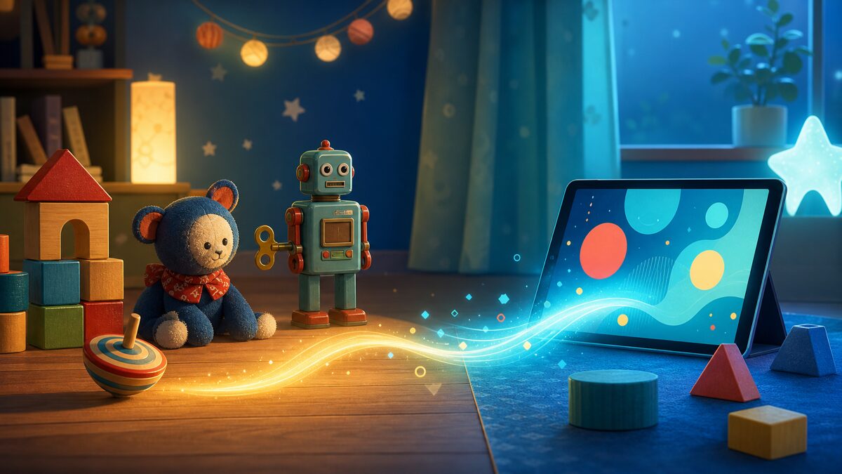 昔ながらのおもちゃとタブレットを比べる子ども部屋のイラスト