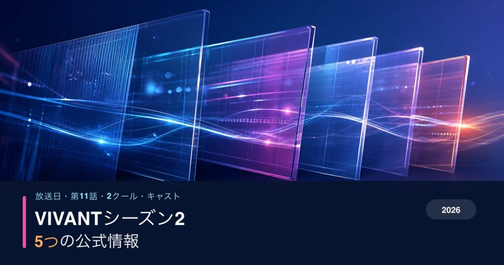 5層の透明パネルと光の信号線で、VIVANTシーズン2へ続く5つの公式情報を表したアイキャッチ