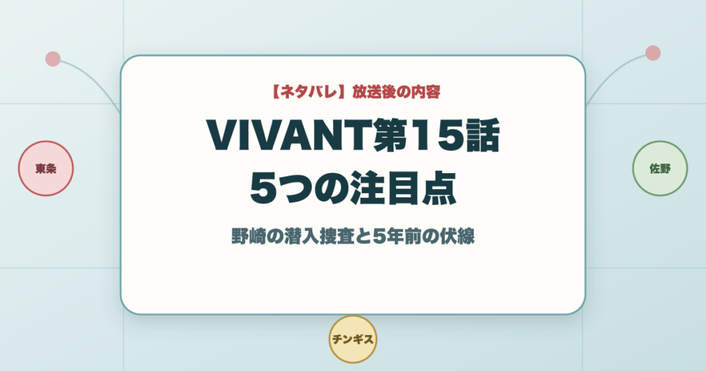 VIVANT第15話の5つの注目点と野崎の潜入捜査と5年前の伏線を記したアイキャッチ
