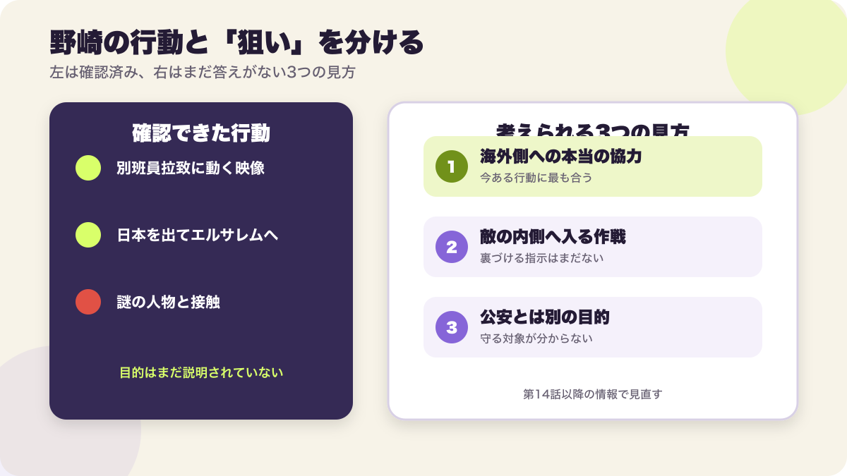 野崎の行動として確認できた事実と、狙いについて考えられる3つの見方を分けた図