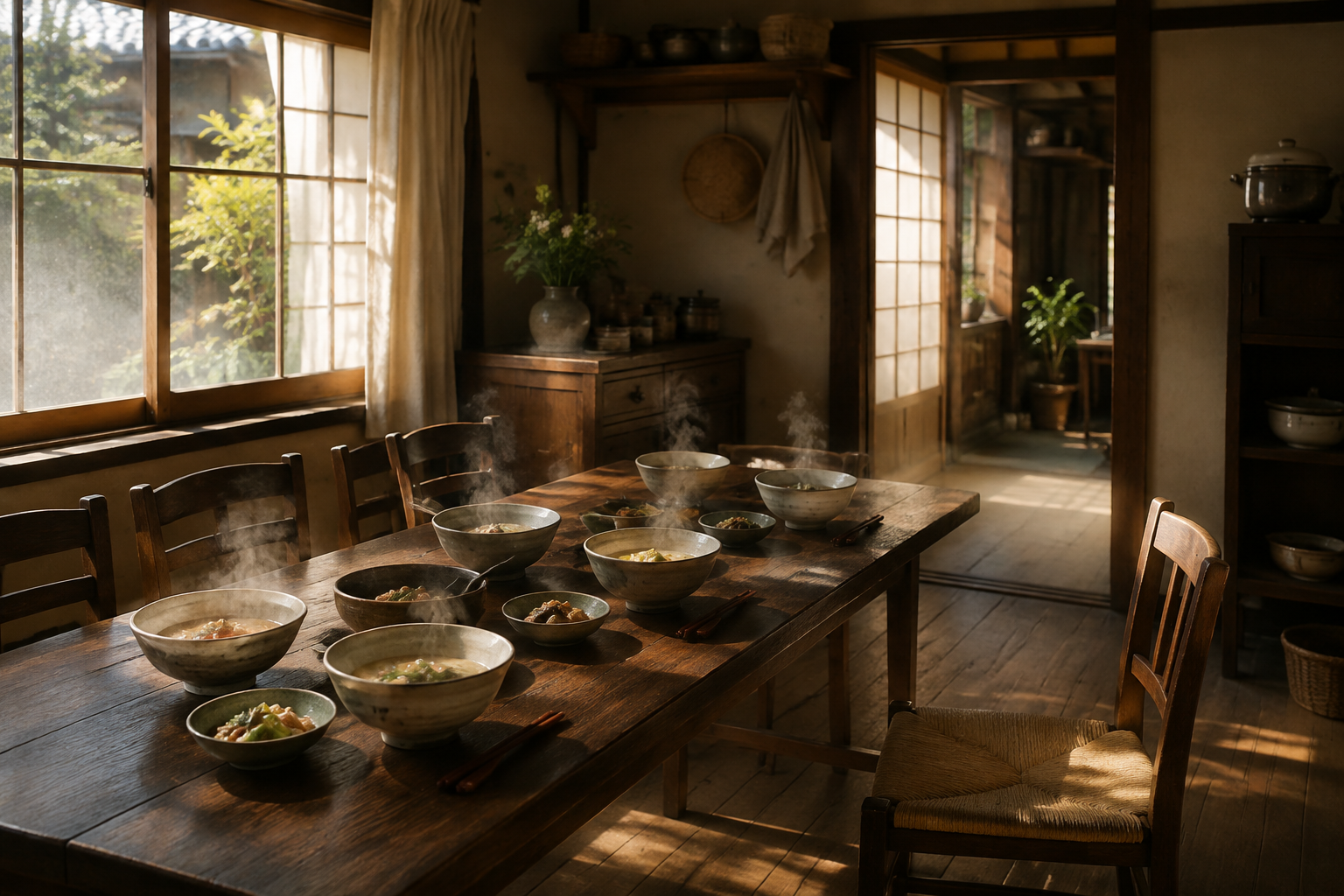 木の食卓に温かい料理と空いた椅子を描き、戦時中にも続く日常を表したオリジナル挿絵