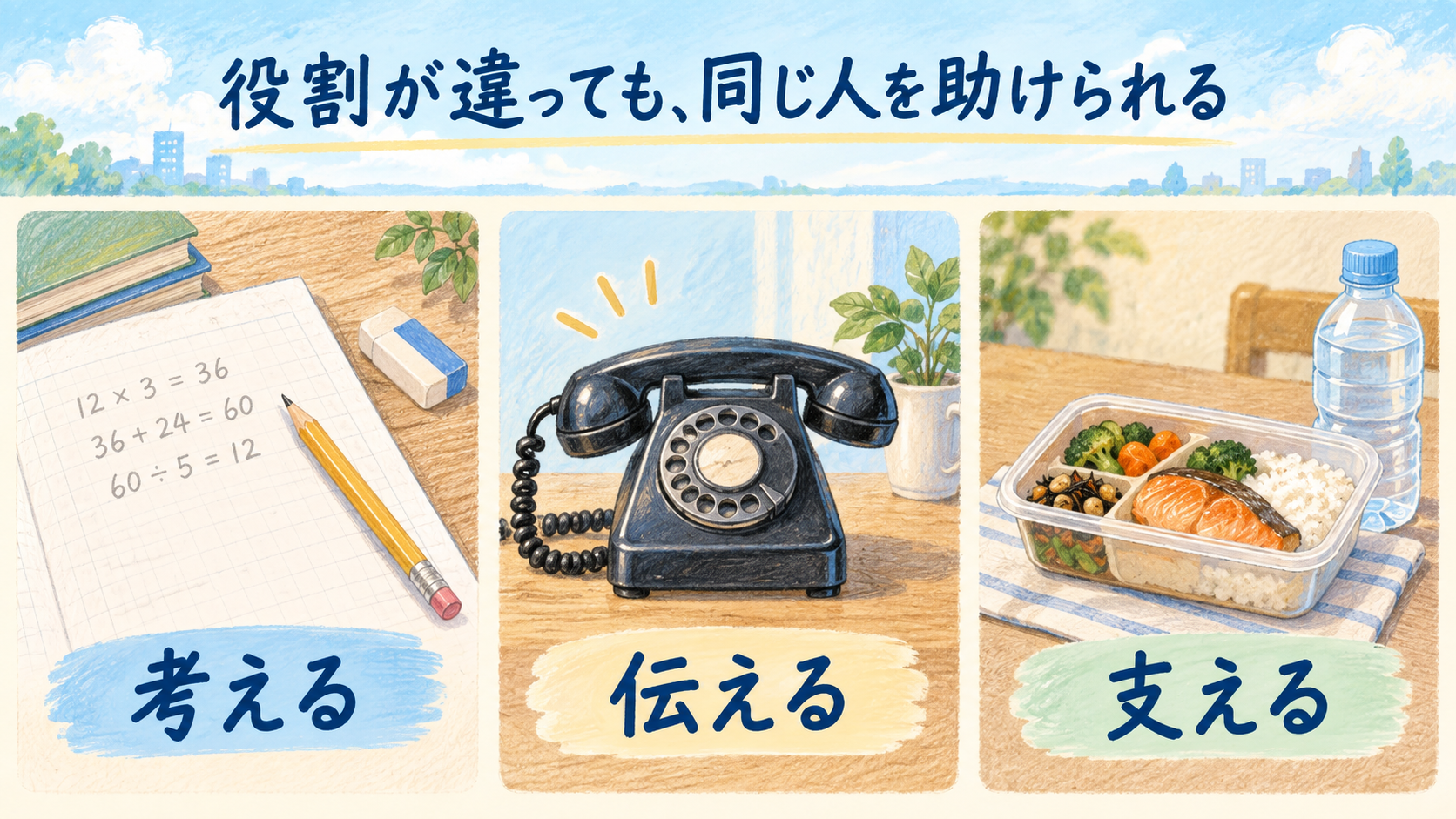 考える・伝える・支えるという違う役割を身近な道具で示した図