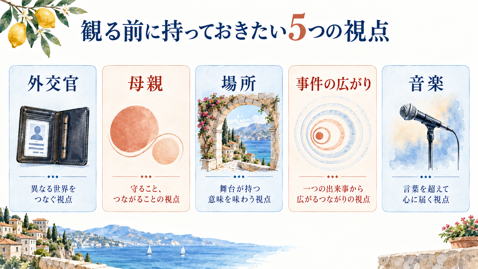 外交官の役割、母親の思い、イタリアの場所、事件の広がり、音楽を並べた5つの観察視点