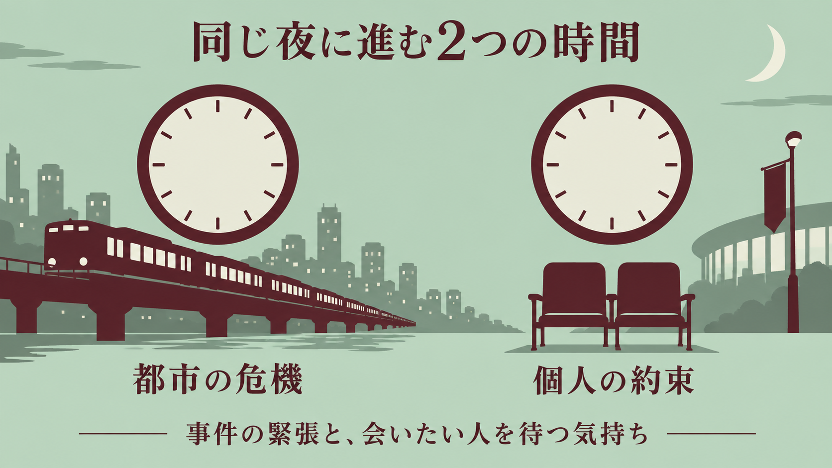 2つの時計と電車・空席で、都市の危機と個人の約束を対比した概念図