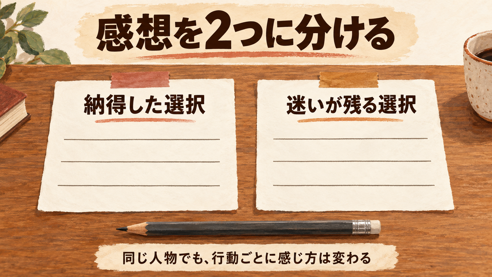 納得した選択と迷いが残る選択を、2枚のメモに分ける図