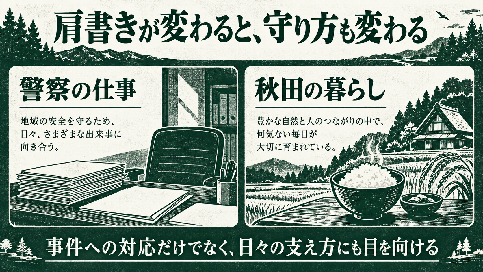 警察の仕事を示す書類と、秋田の暮らしを示す家や食器を比べた図