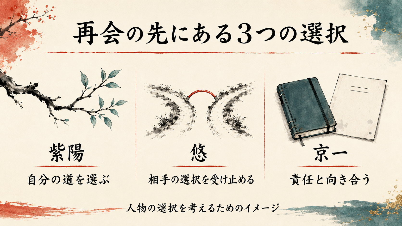紫陽は自分の道、悠は相手の選択、京一は責任という観点で最終回を考える図