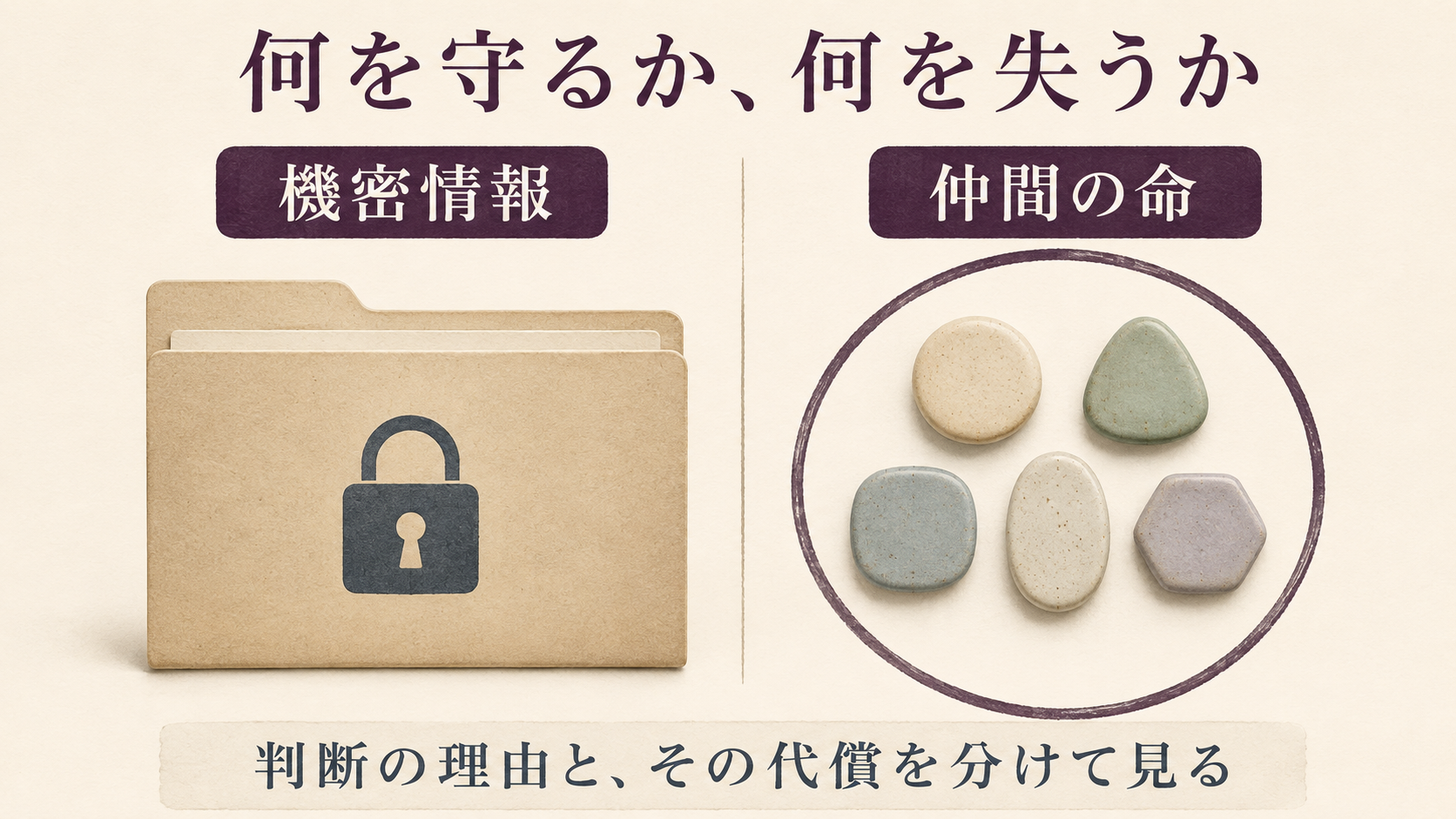 情報を守る判断と仲間の命を、鍵付き書類と5つの駒で対比した図