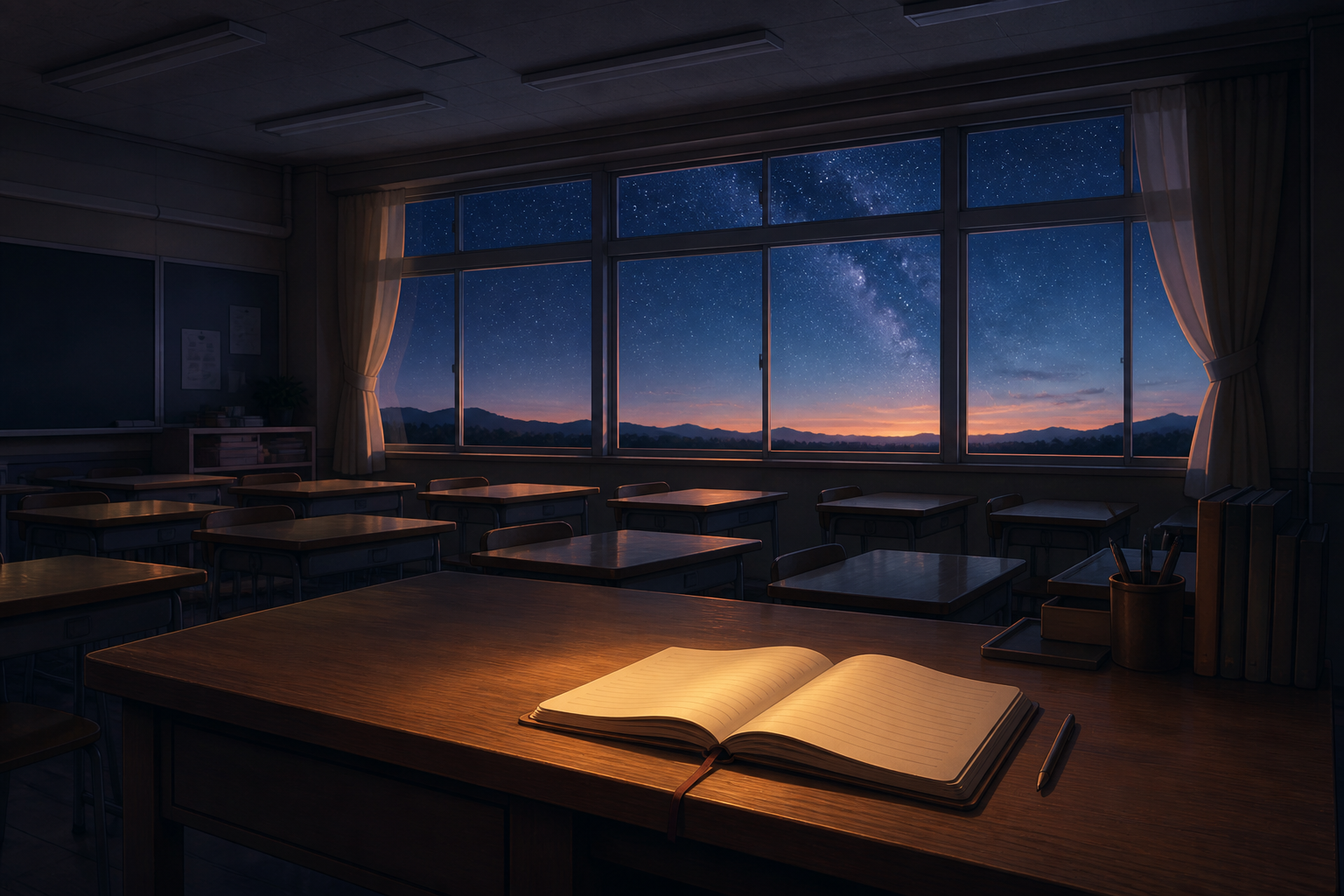 夕暮れの教室と窓の外の星空を描き、教師になった百合の現在を表したオリジナル挿絵