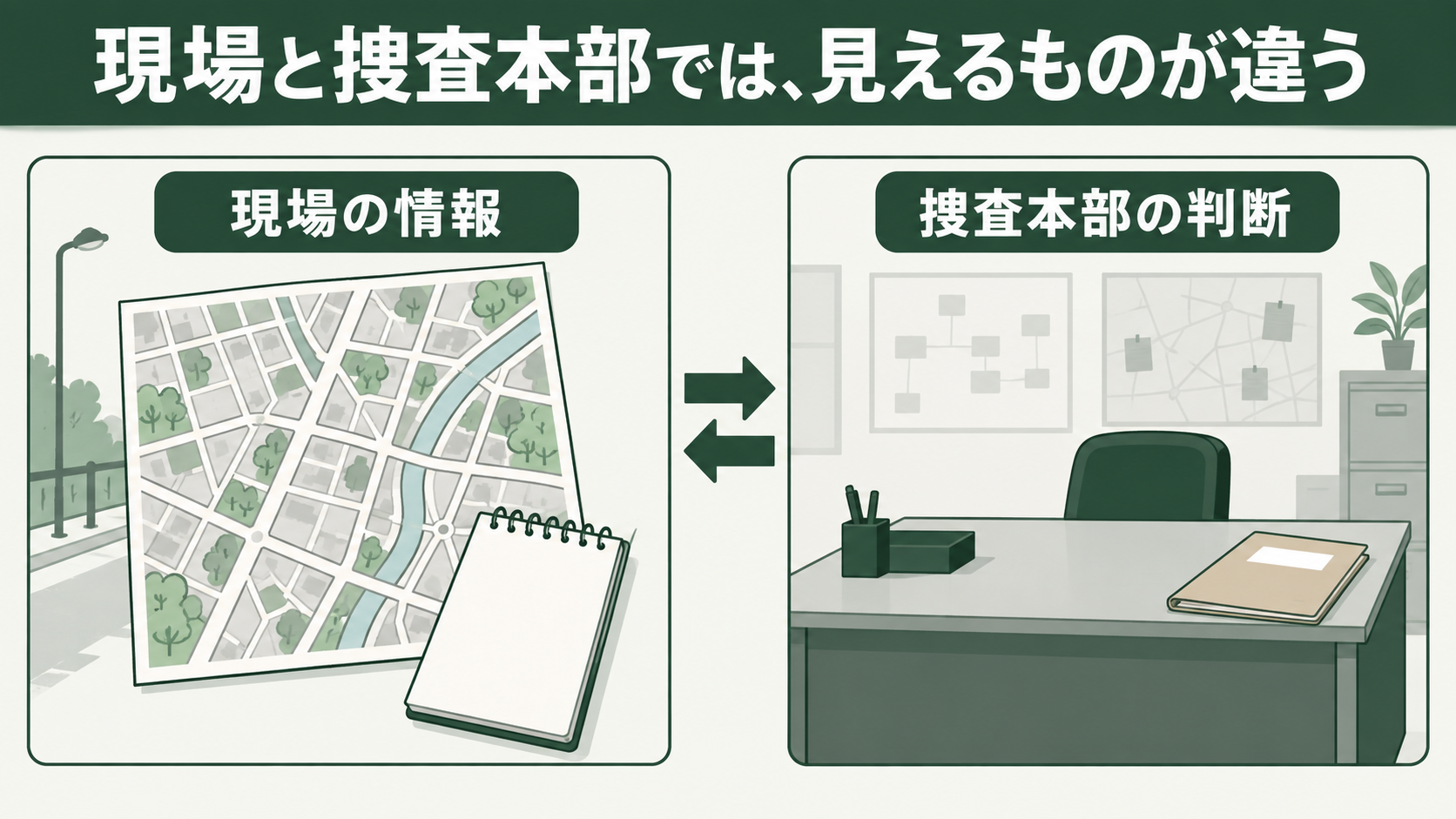 現場の街の情報と、捜査本部での判断を左右に分けた図