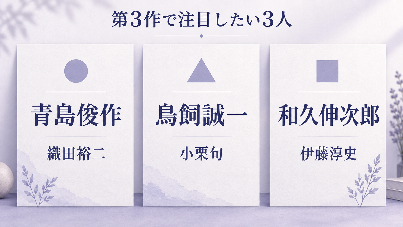 青島俊作と織田裕二、鳥飼誠一と小栗旬、和久伸次郎と伊藤淳史の名前を3枚のカードで対応させた図