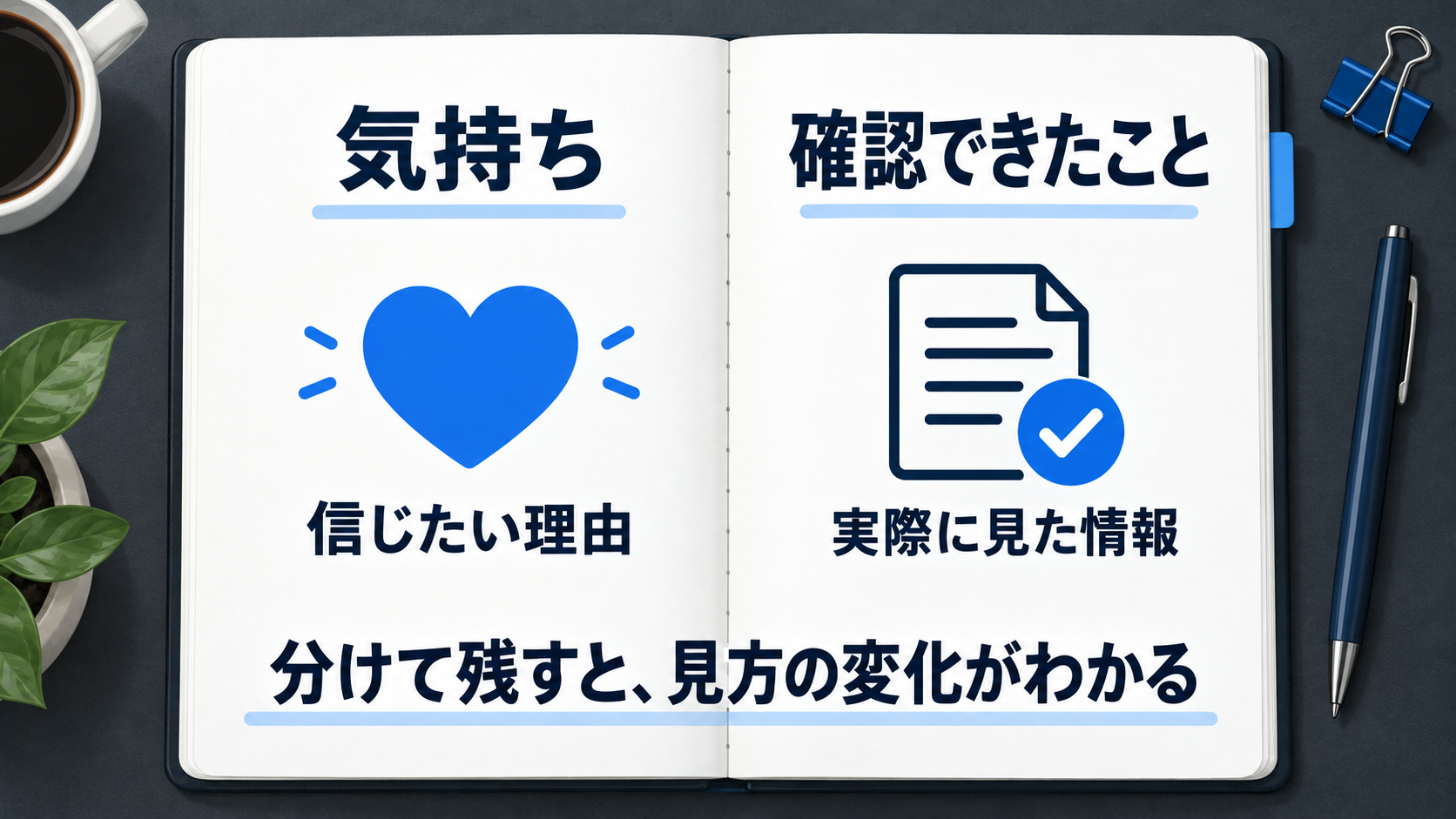信じたい気持ちと確認できたことを二列に分けた視聴メモの概念図