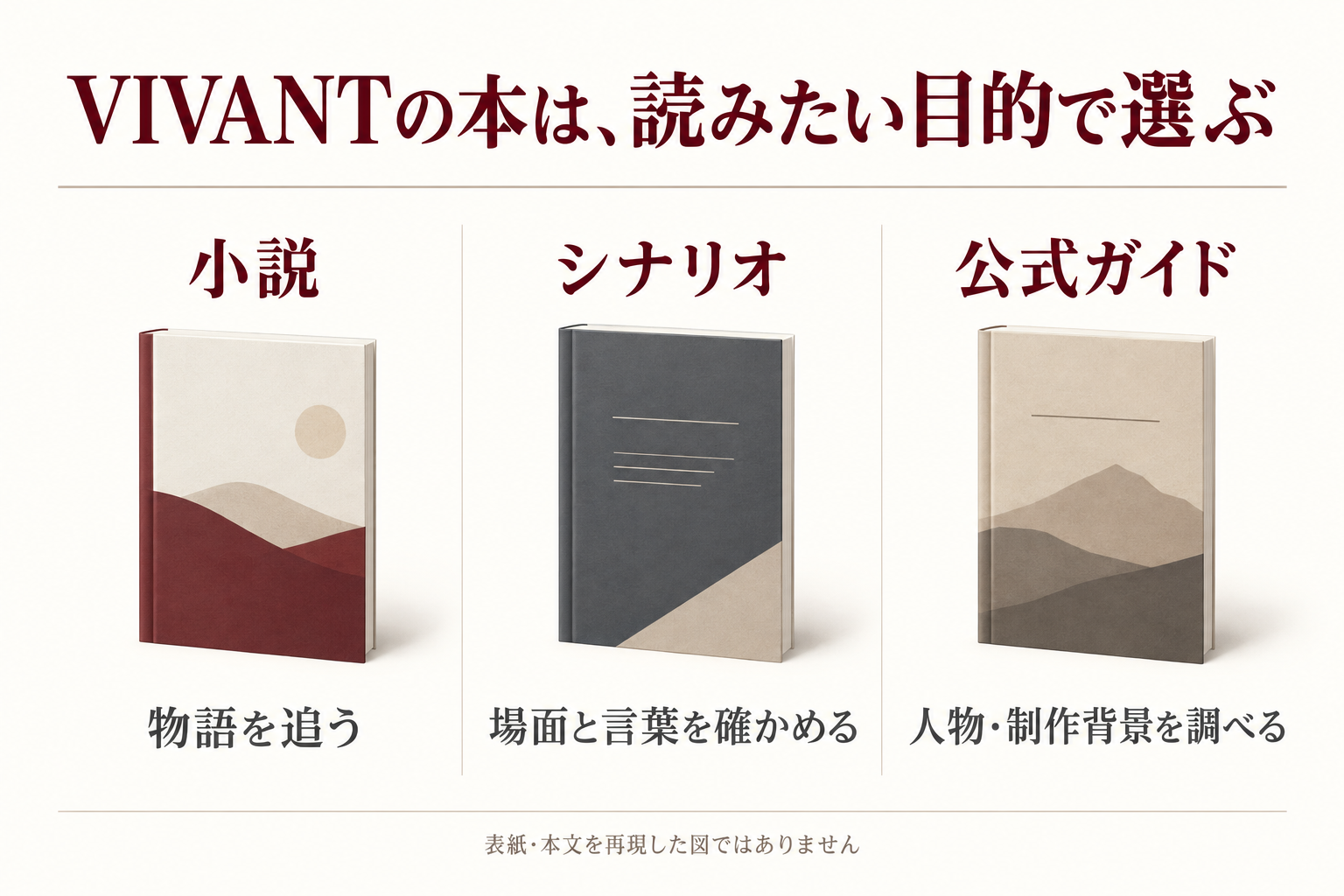小説・シナリオ・公式ガイドを、読みたい目的で分けた比較図