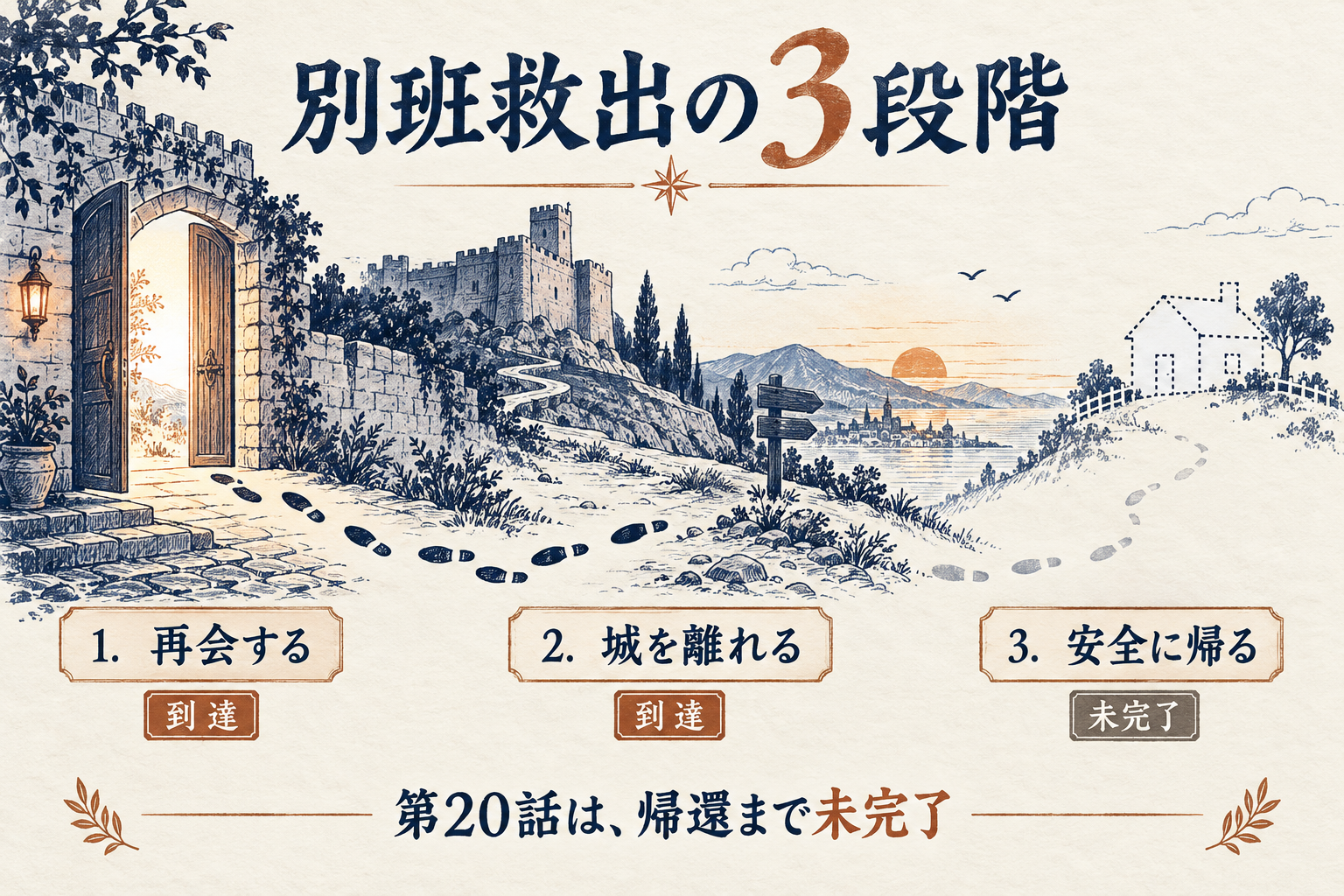 別班救出を再会する・城を離れる・安全に帰るの3段階に分け、第20話では帰還まで未完了と示す図